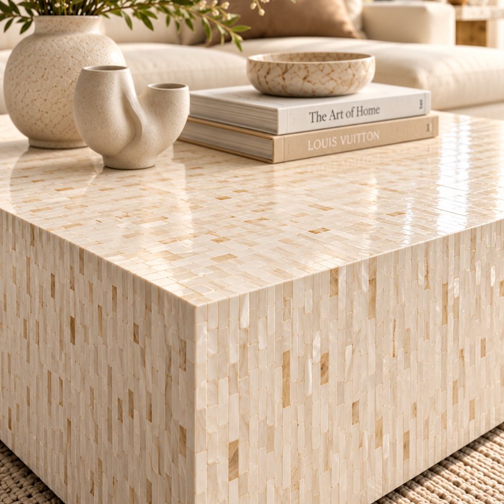 Mother of Pearl Inlay Square Coffee Table, White Luxury Coffee Table