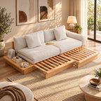 Beige Cotton Linen Sleeper Upholstered Sofa Cum Bed