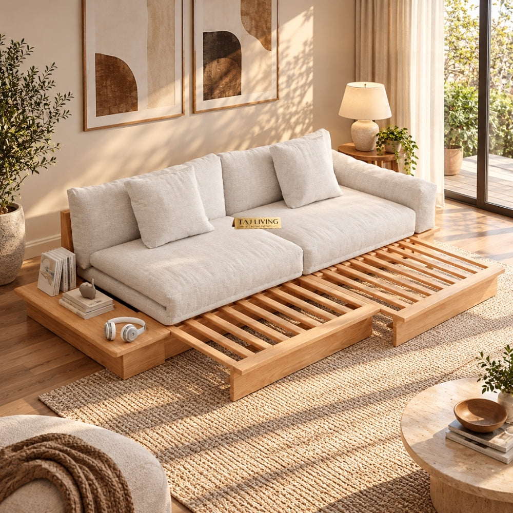 Beige Cotton Linen Sleeper Upholstered Sofa Cum Bed