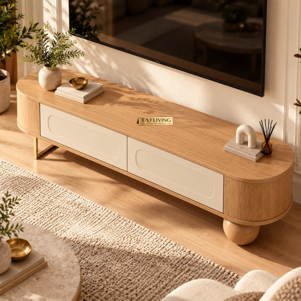 Jhrokha Solid Wood TV Unit – Natural Wooden TV Console
