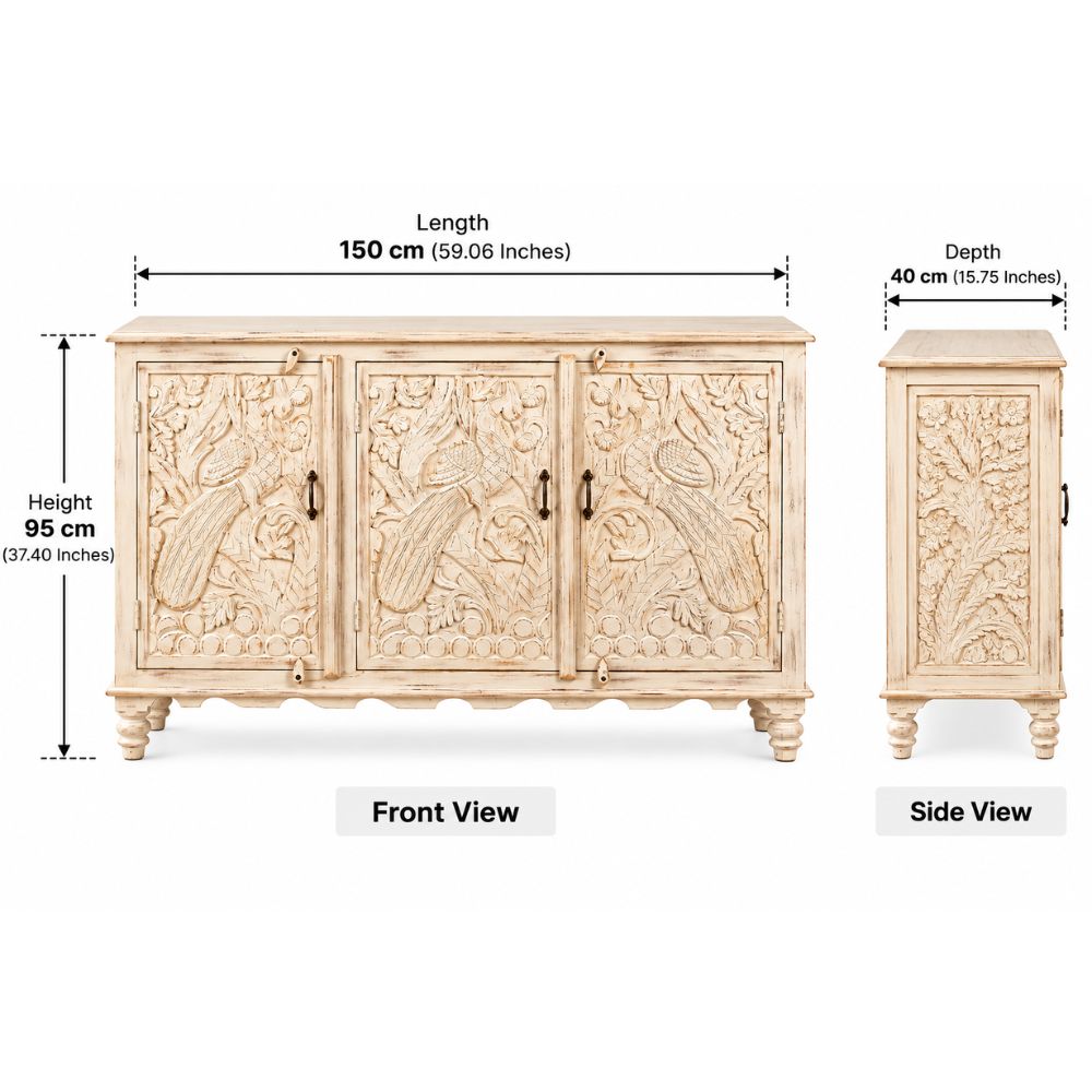 Jharokha Hand-Carved Whitewashed Mango Wood Cabinet
