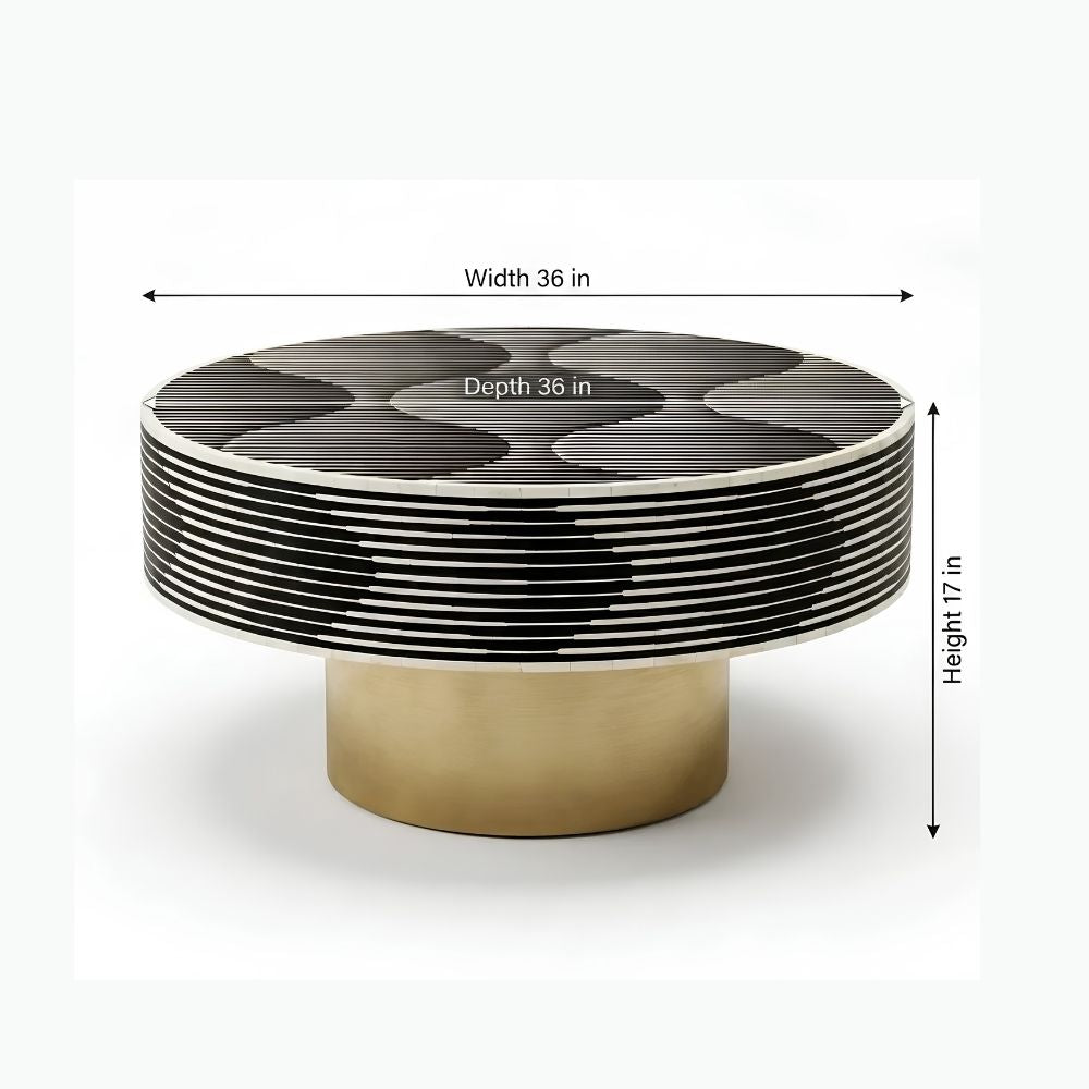 Bone Inlay Round Coffee Table, Black and White Luxury Table with Brass Base