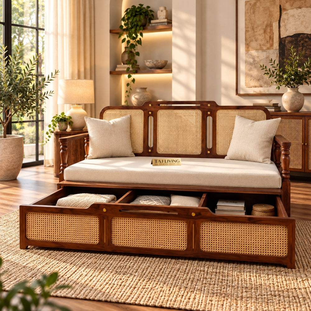 Ayaana Teak Wood 3 Seater Sofa Cum Bed with Cane Weaving | Opens to Double Bed (78x62)