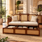 Ayaana Teak Wood 3 Seater Sofa Cum Bed with Cane Weaving | Opens to Double Bed (78x62)