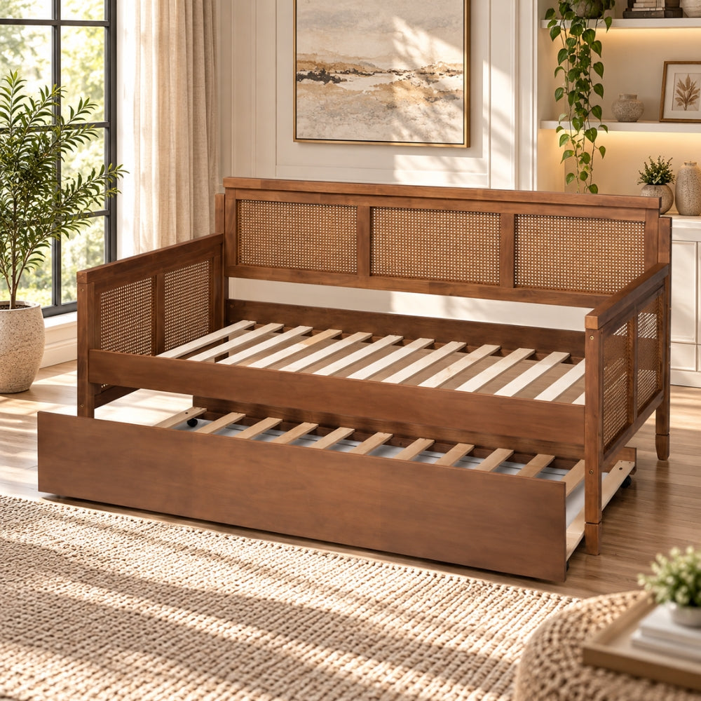 Khaas Solid Wood Upholstered Natural Cane Sofa Cum Bed