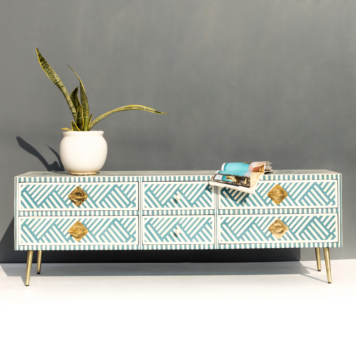 Handmade Bone inlay Media Console Table with Brass Knobs
