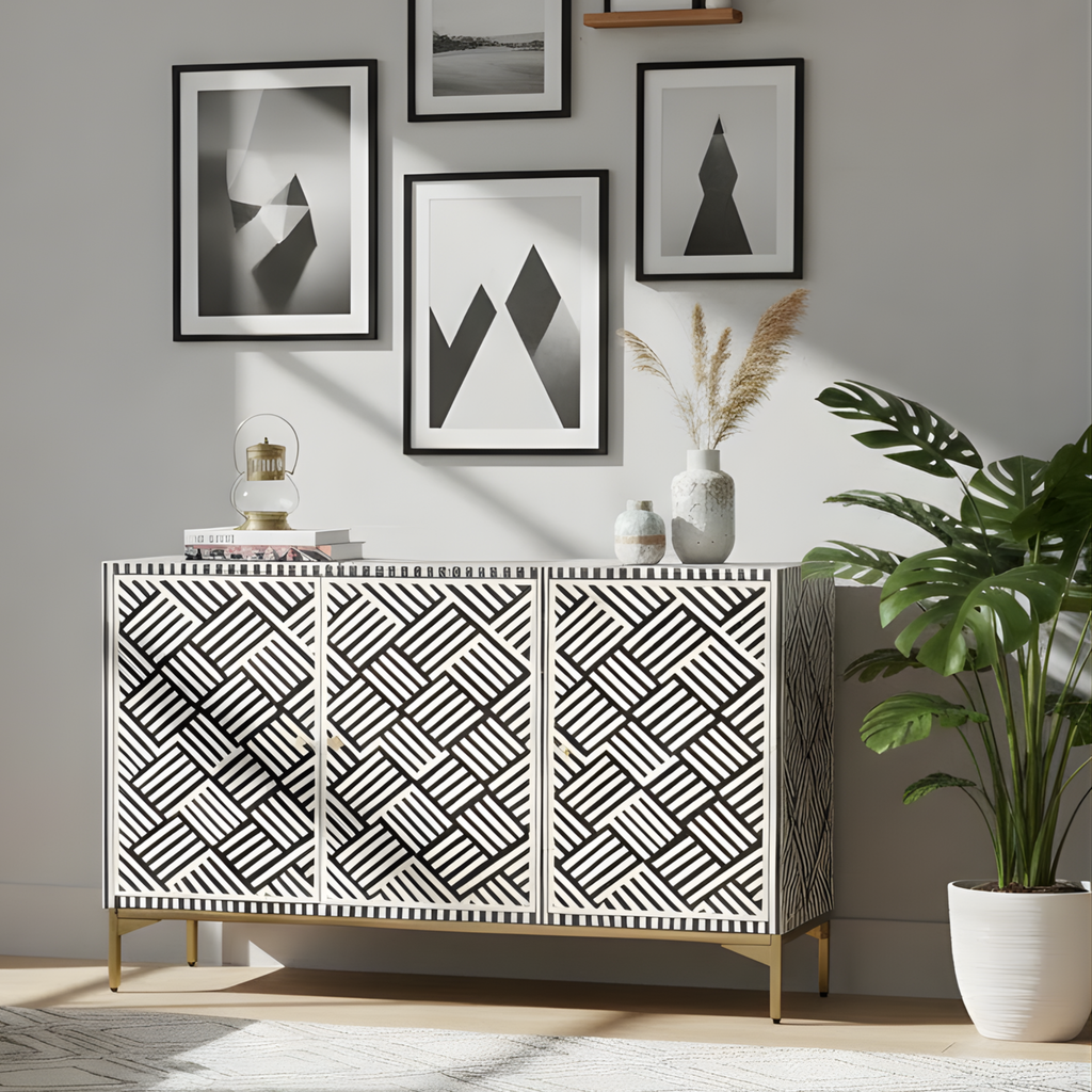 Parampara Bone Inlay Black & White 3 Door Storage Sideboard with Gold-toned legs