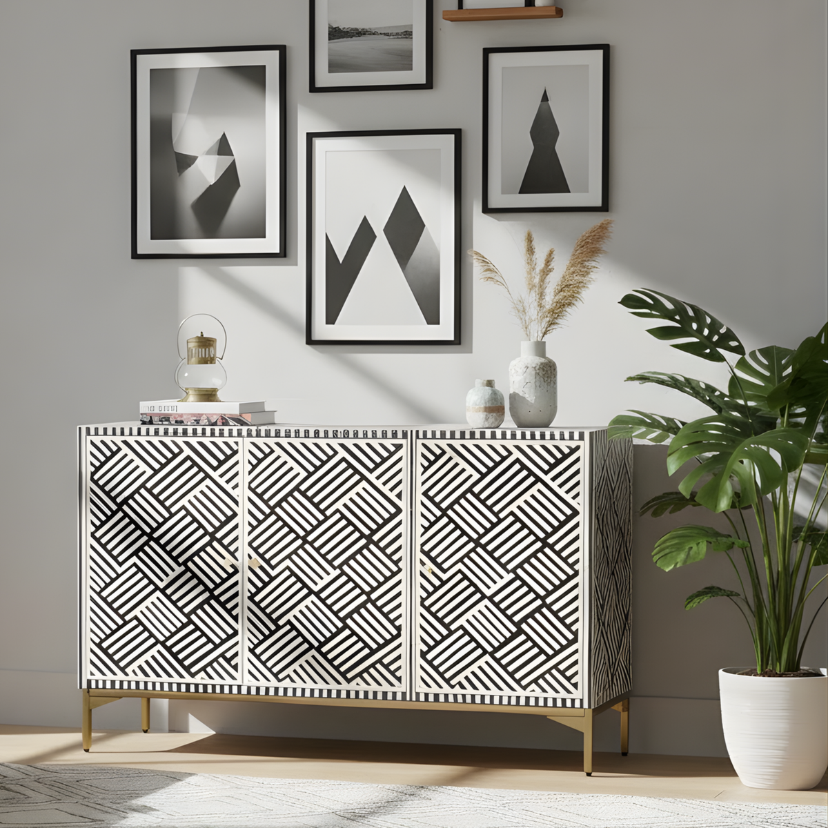 Parampara Bone Inlay Black & White 3 Door Storage Sideboard with Gold-toned legs