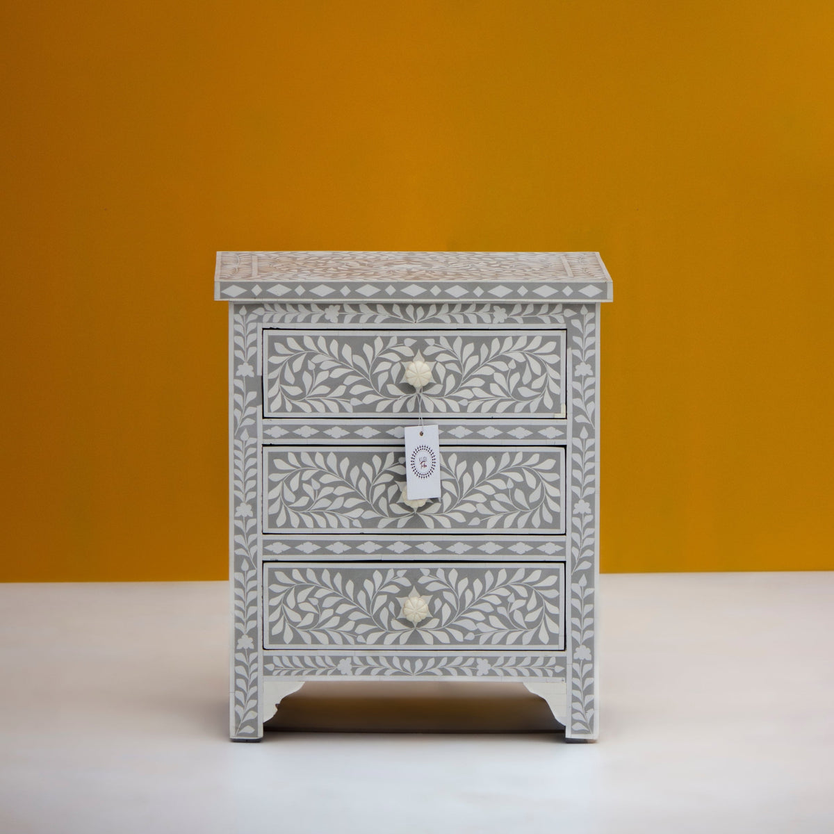 Rooh Bone Inlay Grey Floral 2 Drawer Bedside Table
