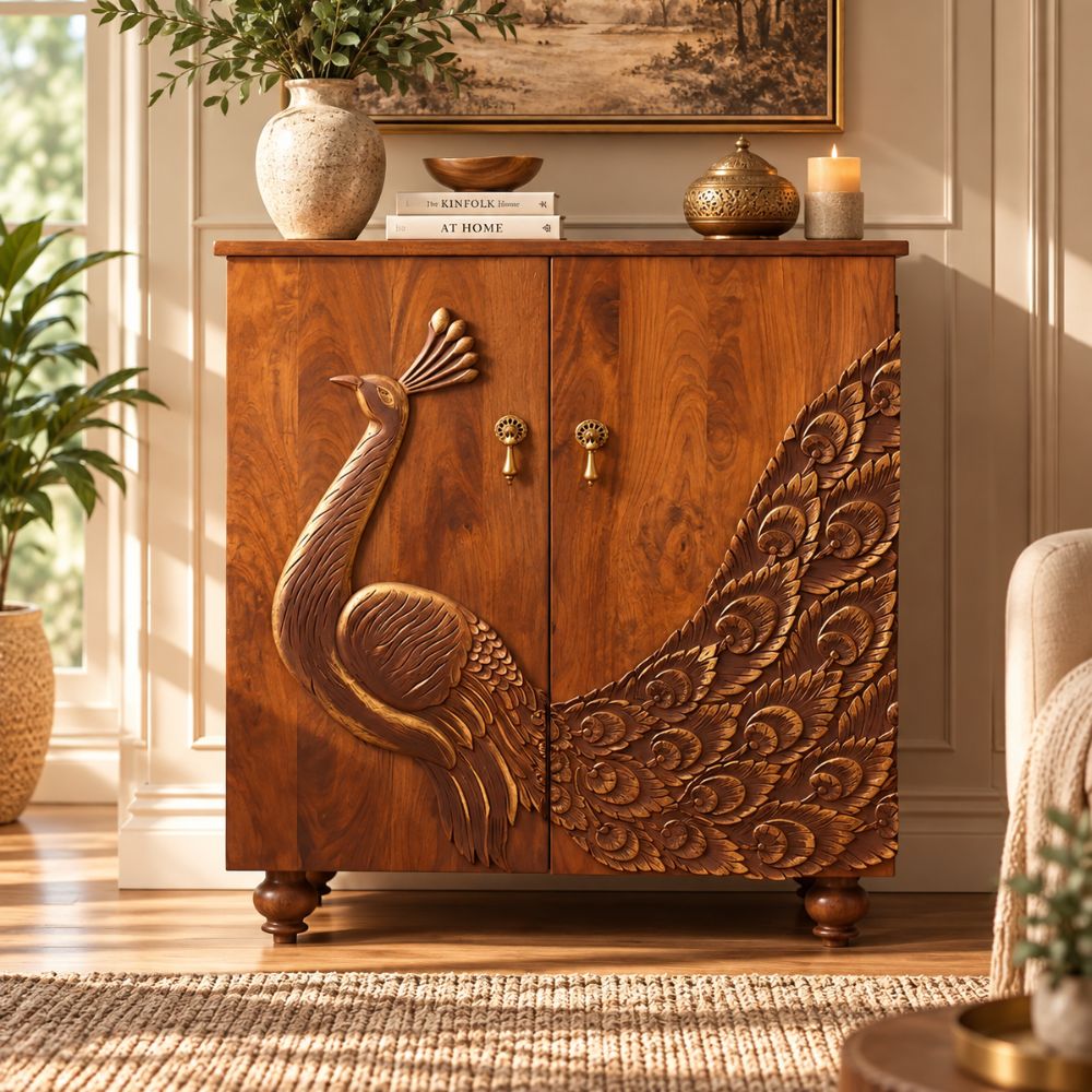 Maharaja Wooden Peacock Storage Cabinet