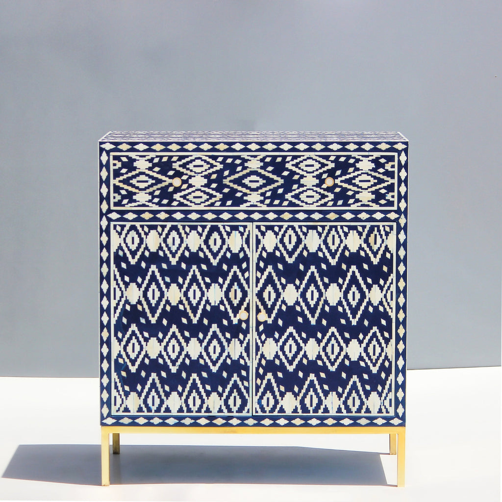 Neelmaru Blue & White Geometric Bone Inlay Cabinet with Gold-Finish Legs