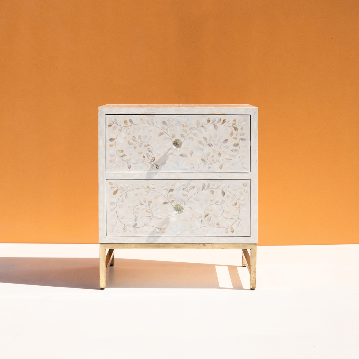 White Mother of Pearl Inlay Bedside Chest with 2 Drawers