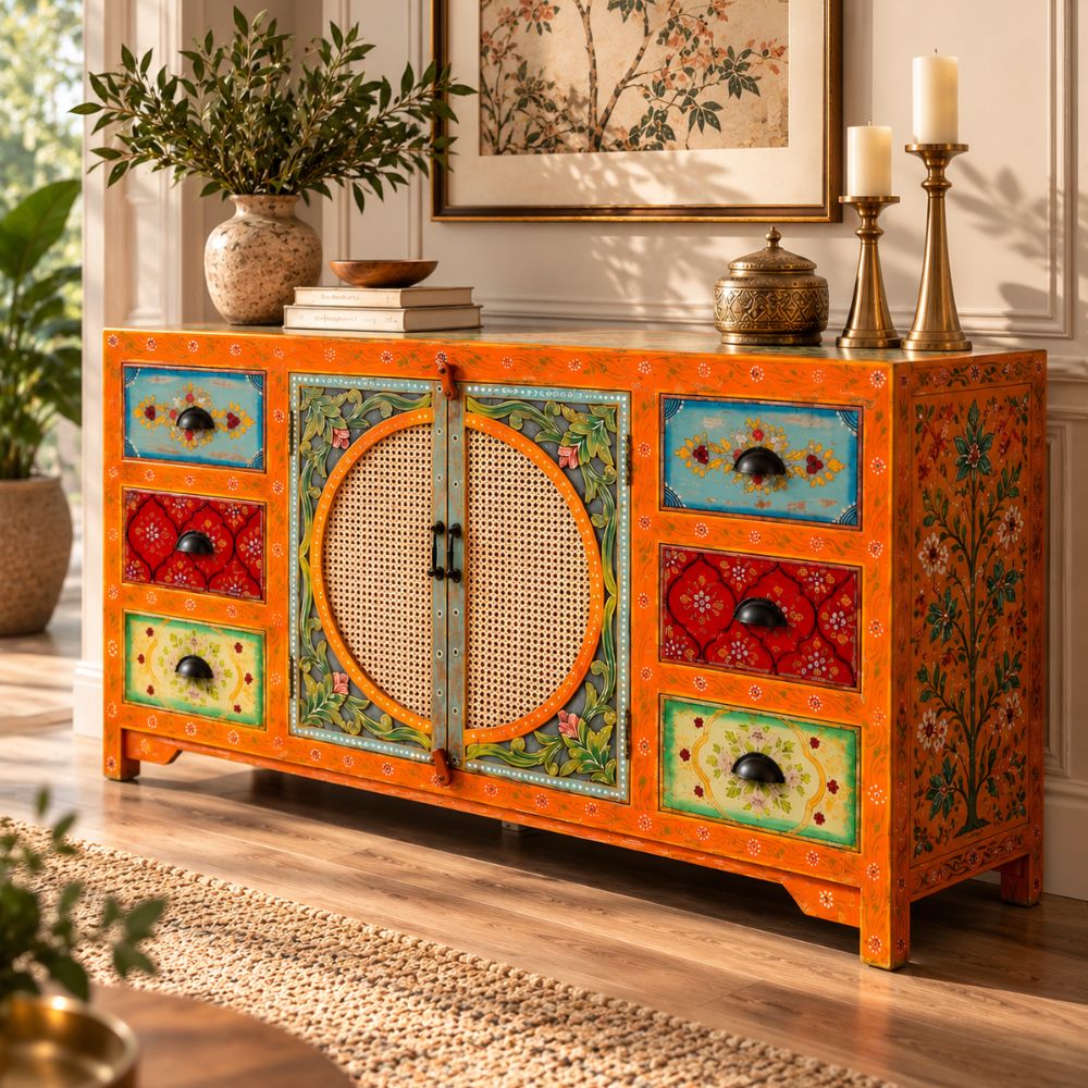 Gulnaar Solid Wood Sideboard with Cane Doors and Floral Drawers