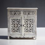 Hand-Carved Floral Wooden Cabinet – Distressed White Buffet