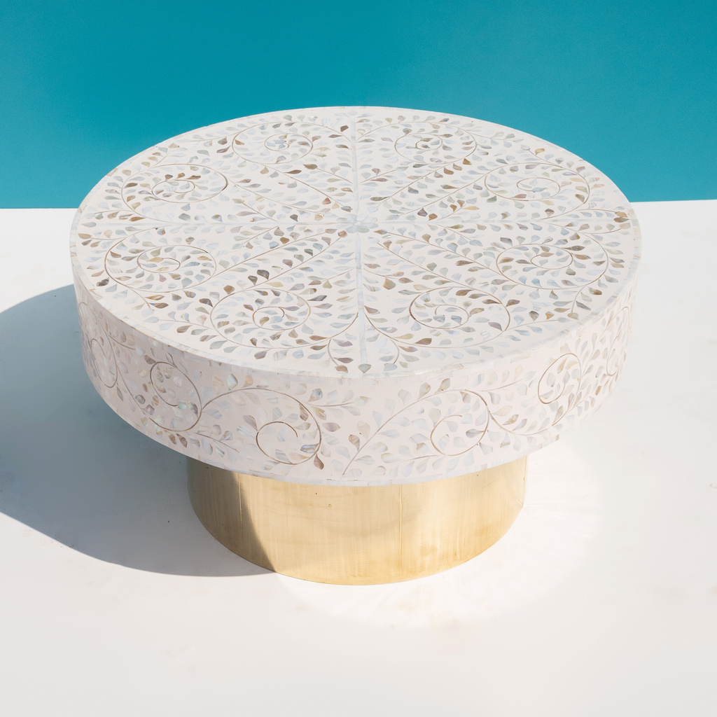 Luxury Mother of Pearl Inlay Round Coffee Table with Brass Base