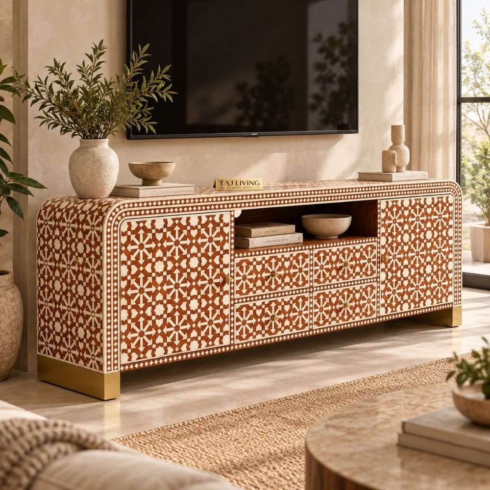 Bone Inlay Orange & White 4-Drawer 2-Door TV Unit Cabinet with Open Shelf