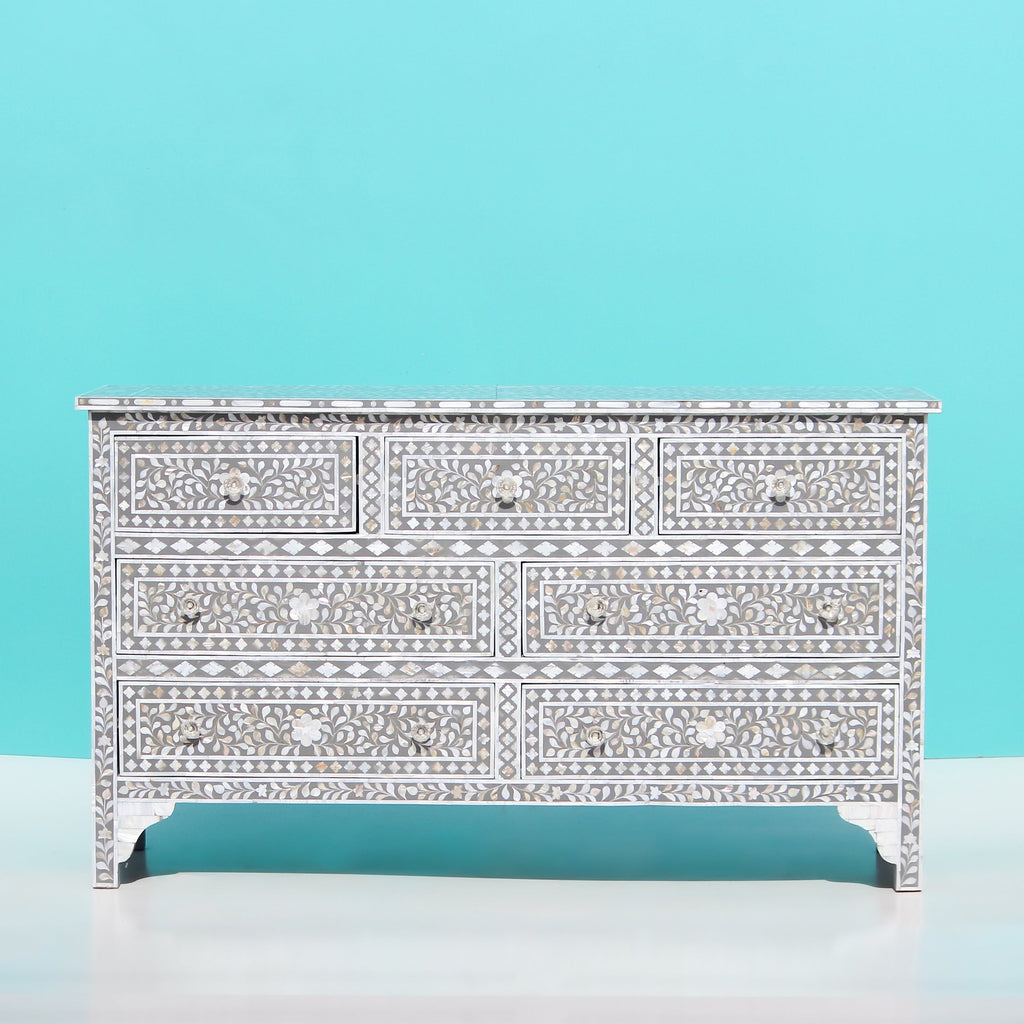 Charbagh Grey & White Floral Mother of Pearl Sideboard – Handcrafted 7-Drawer Cabinet