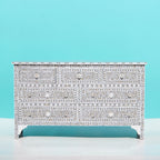 Charbagh Grey & White Floral Mother of Pearl Sideboard – Handcrafted 7-Drawer Cabinet