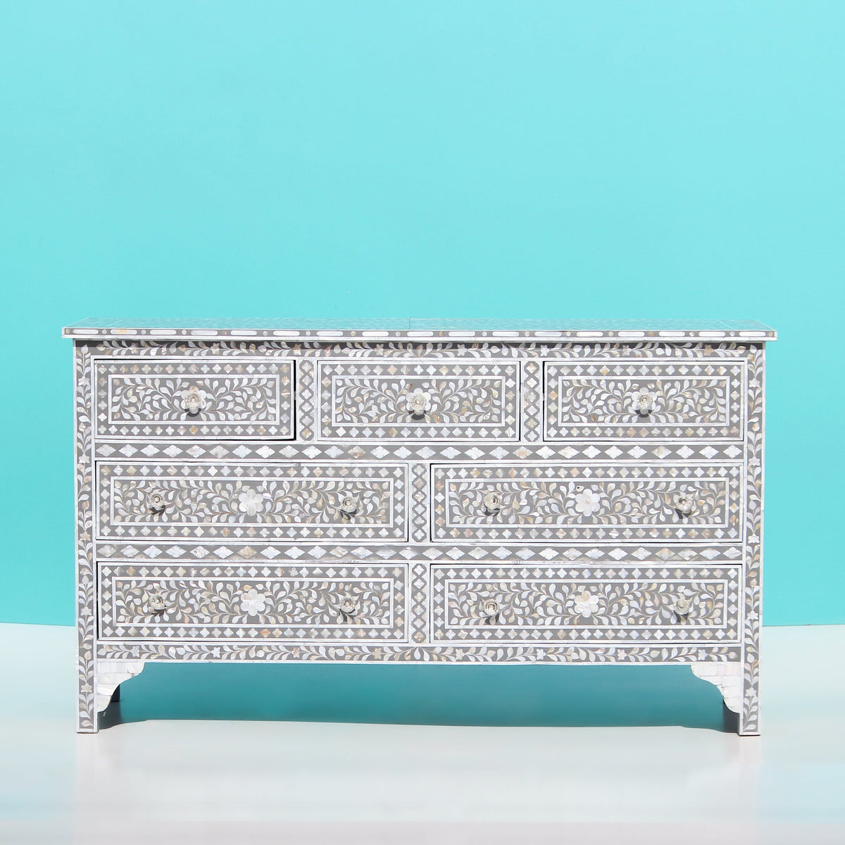 Charbagh Grey & White Floral Mother of Pearl Sideboard – Handcrafted 7-Drawer Cabinet