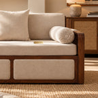 Vaastu 3-Seater Teak Wood Sofa Cum Bed in Premium Upholstery with Cane Weaving & Brass Accents