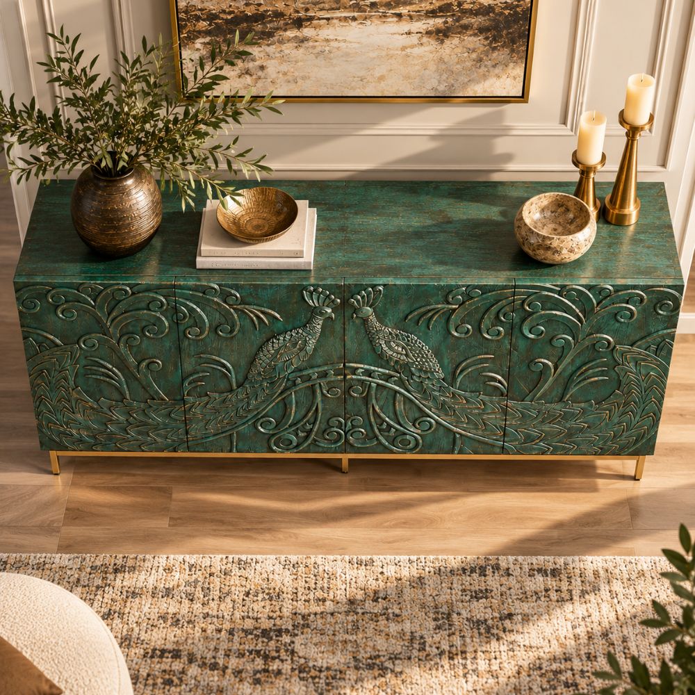 Vasudha Carved Wood Peacock 4 Door Storage Sideboard
