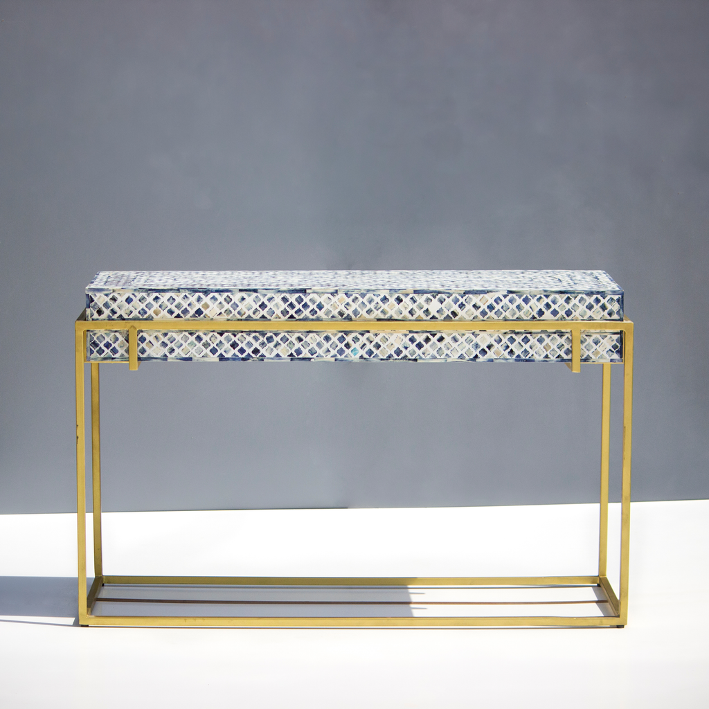Dharohar Blue Bone Inlay Console Table - Geometric Pattern