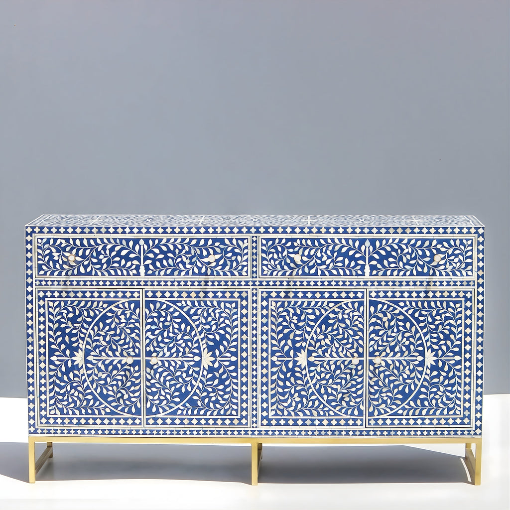 Naqsh Neel Floral Bone Inlay Sideboard with Gold-Finish Stand – 4 Door & 2 Drawer