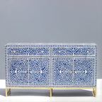 Naqsh Neel Floral Bone Inlay Sideboard with Gold-Finish Stand – 4 Door & 2 Drawer