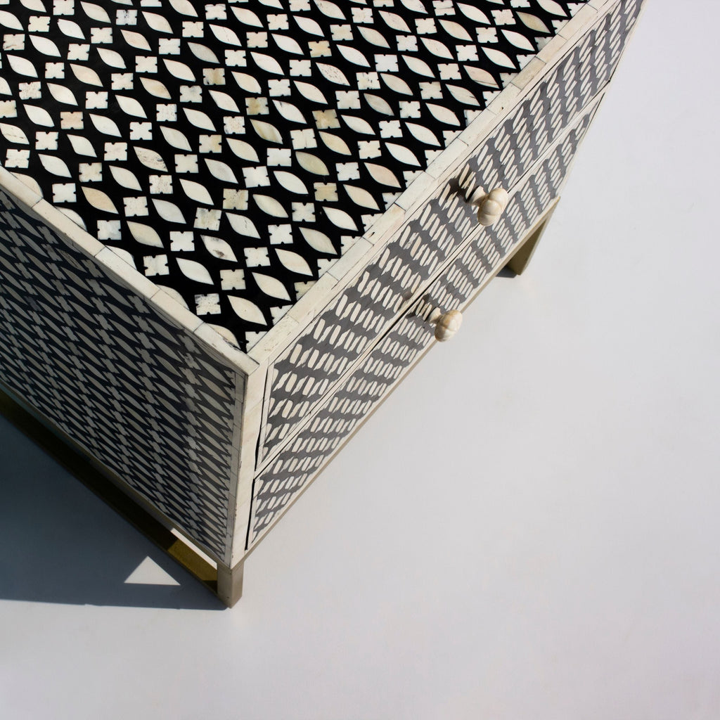Ghoomar Black & White Geometric Bone Inlay 2-Drawer Bedside with Gold-Finish Legs