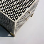 Ghoomar Black & White Geometric Bone Inlay 2-Drawer Bedside with Gold-Finish Legs