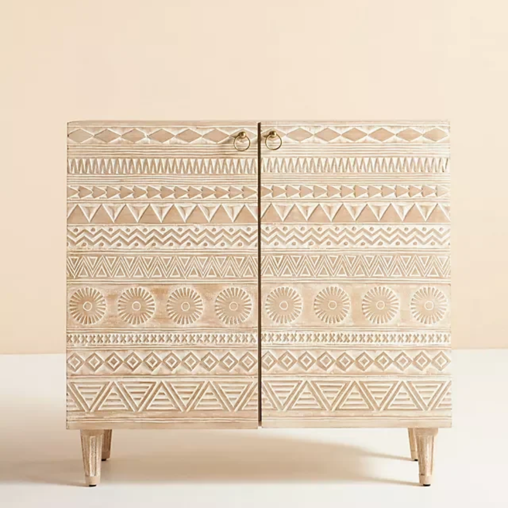 Aangan Handmade Solid Mango Wood Bar Cabinet – Distress White Finish
