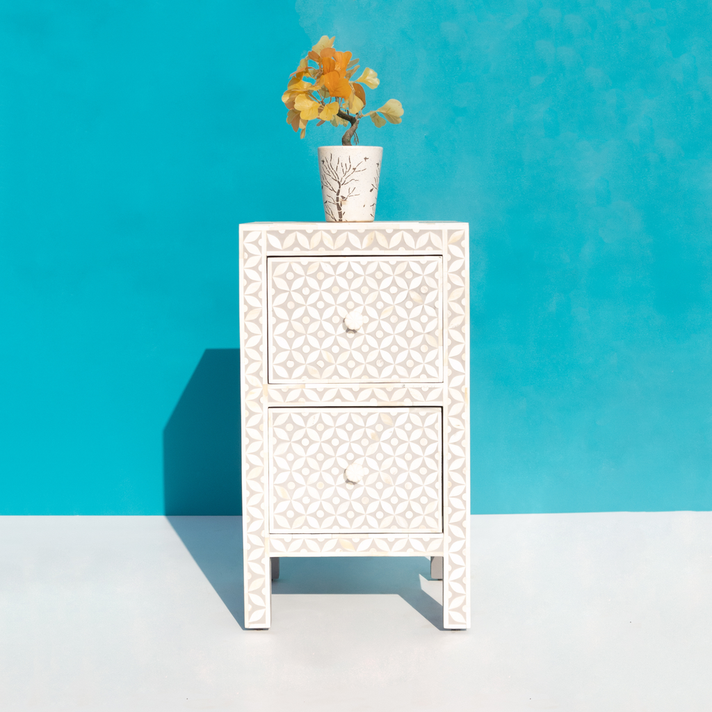 Ivory White Bone Inlay Bedside Table with 2 Drawers