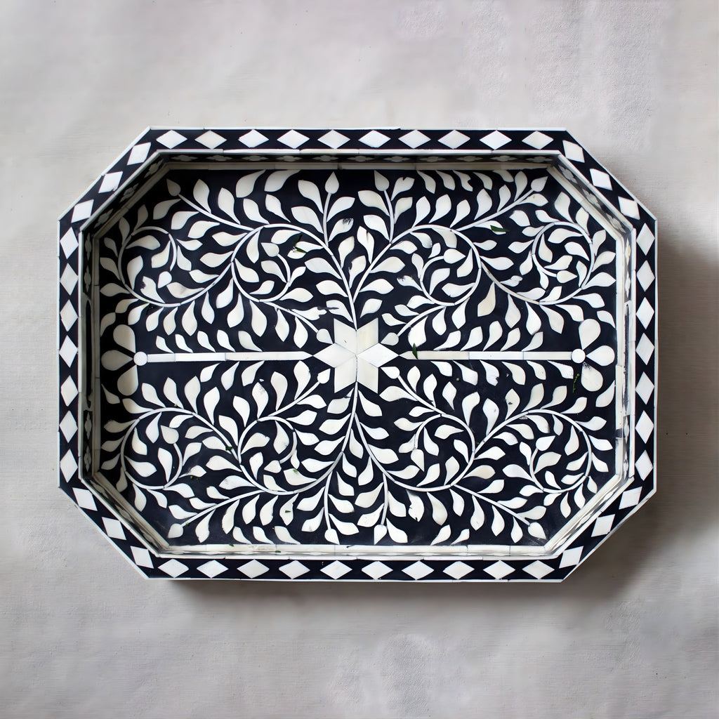 Rajdhara Handcrafted Black & White Bone Inlay Tray - Floral Finish