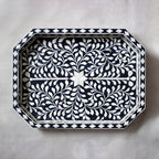 Rajdhara Handcrafted Black & White Bone Inlay Tray - Floral Finish