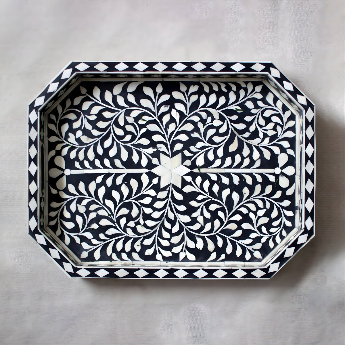 Rajdhara Handcrafted Black & White Bone Inlay Tray - Floral Finish