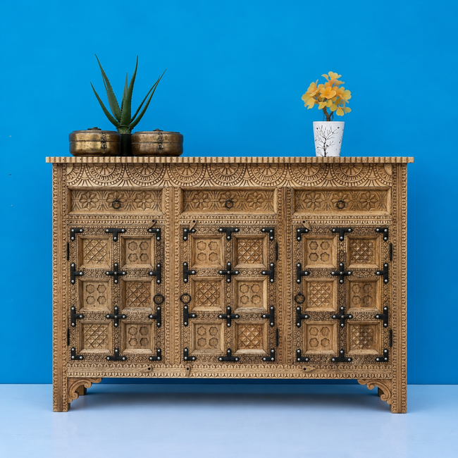 Royal Carved Solid Mango Wood Sideboard Storage Cabinet Main Image