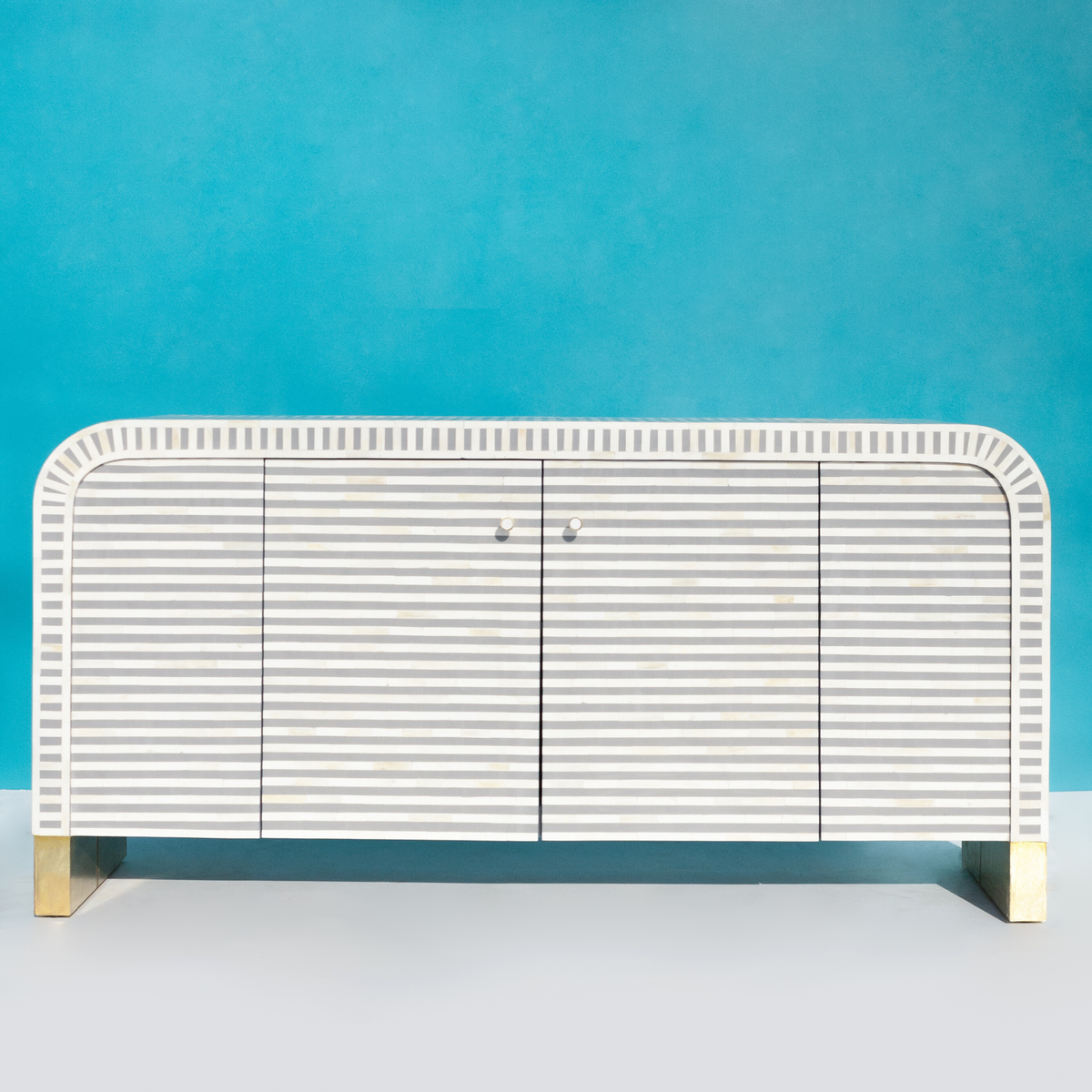 Ayodhya White Striped Sideboard Cabinet with Brass Base