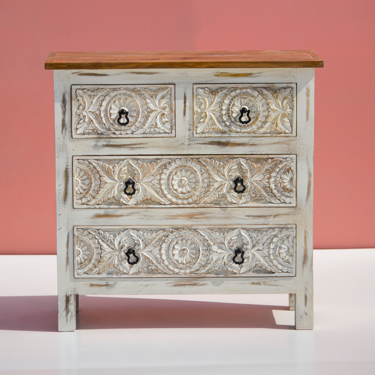 Sheeshmahal Hand-Carved Floral Wooden Chest of Drawers