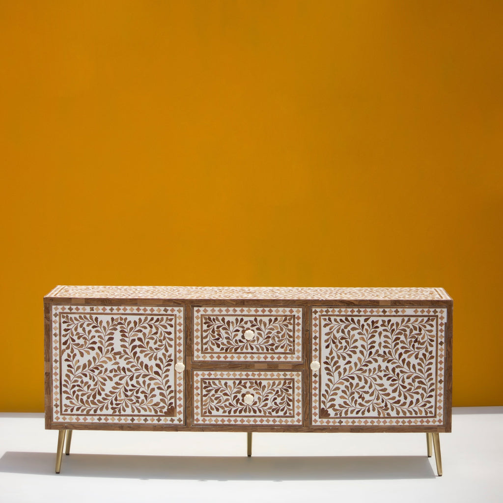 Charbagh Floral Inlay Sideboard – Handcrafted Wooden Storage Cabinet