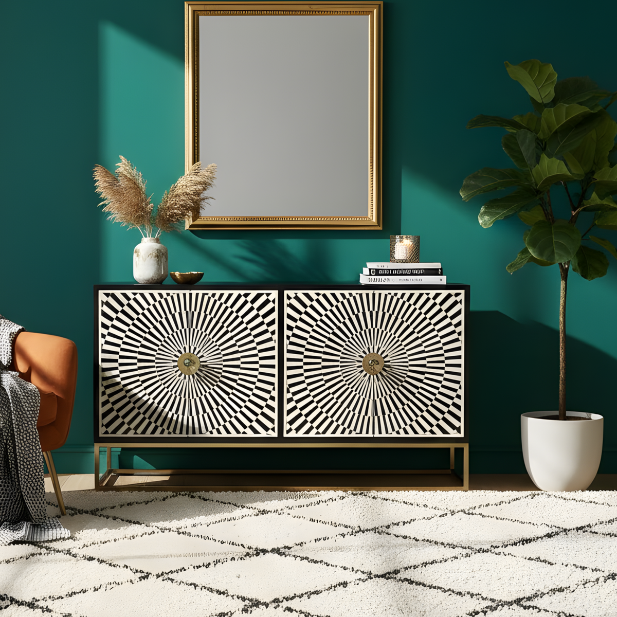 Dharohar Black and White Bone inlay Sideboard with Hinged Storage Doors