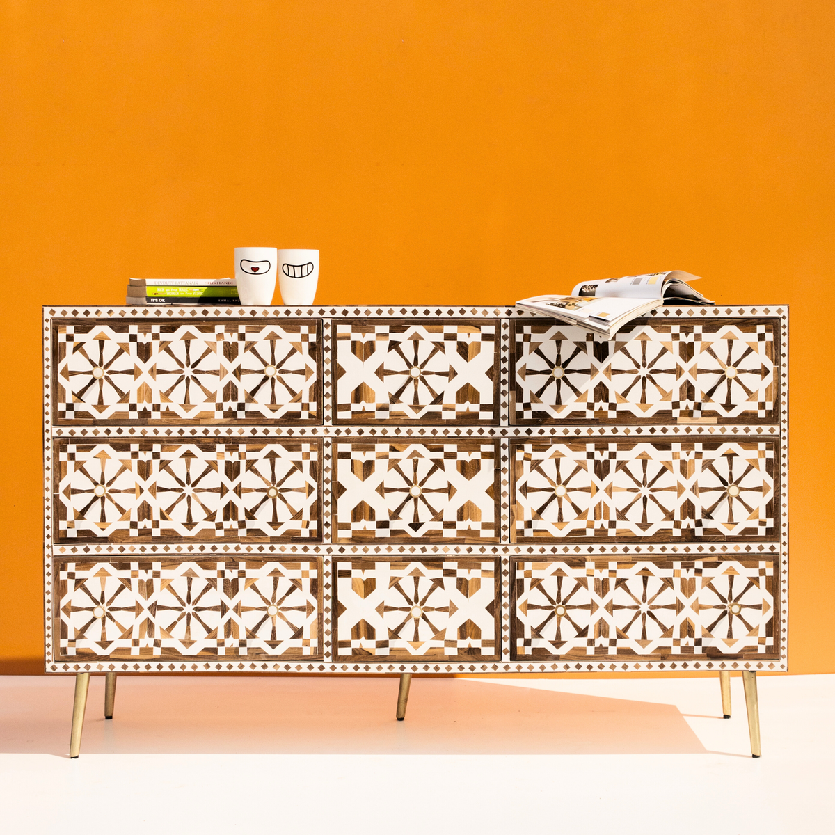 Bone inlay Moroccan Chest of 9 Drawers