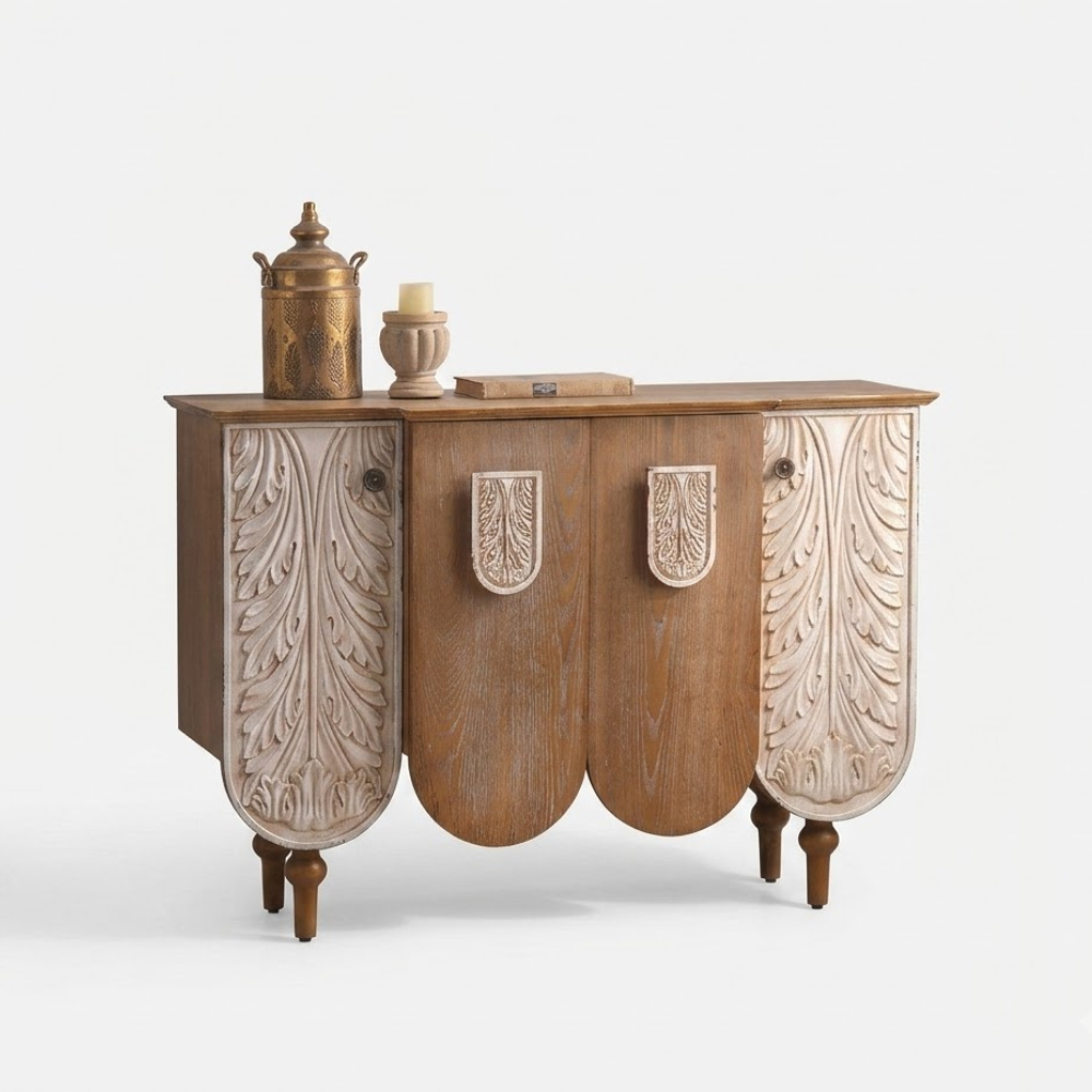 Rajwada Wave Shape Wooden Carving Storage Cabinet with Door
