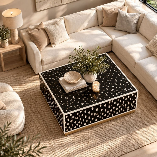 Mother of Pearl Inlay Black & White Coffee Table with Brass Stand Main Image