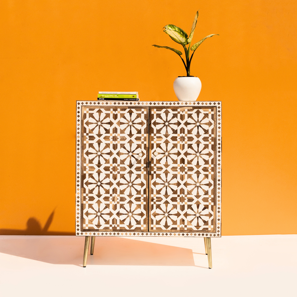 Bone inlay 2 Door Cabinet with Geometric Pattern