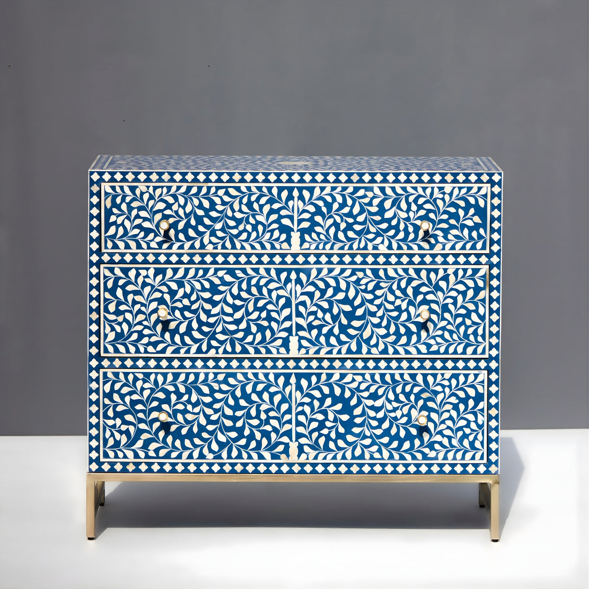 Mewarika Blue & White Bone Inlay Chest 6 Drawer Floral Pattern