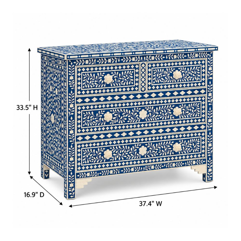 Ranibagh Navy Blue & White Floral Bone Inlay Cabinet