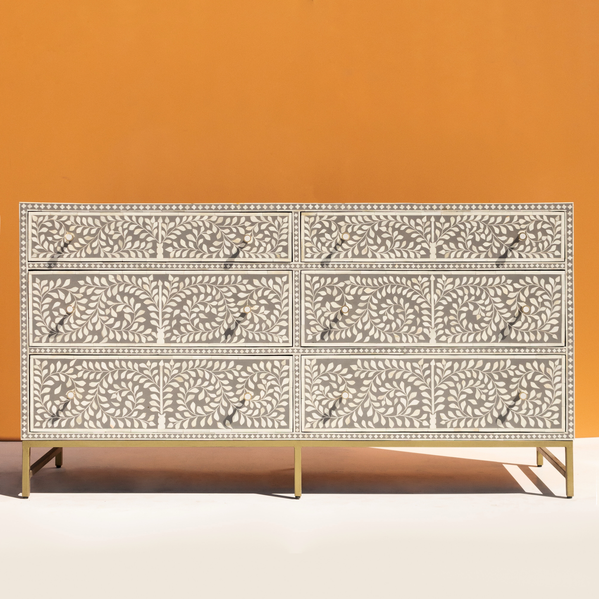 Luxury Grey Bone Inlay Chest of 6 Drawers with Floral Design