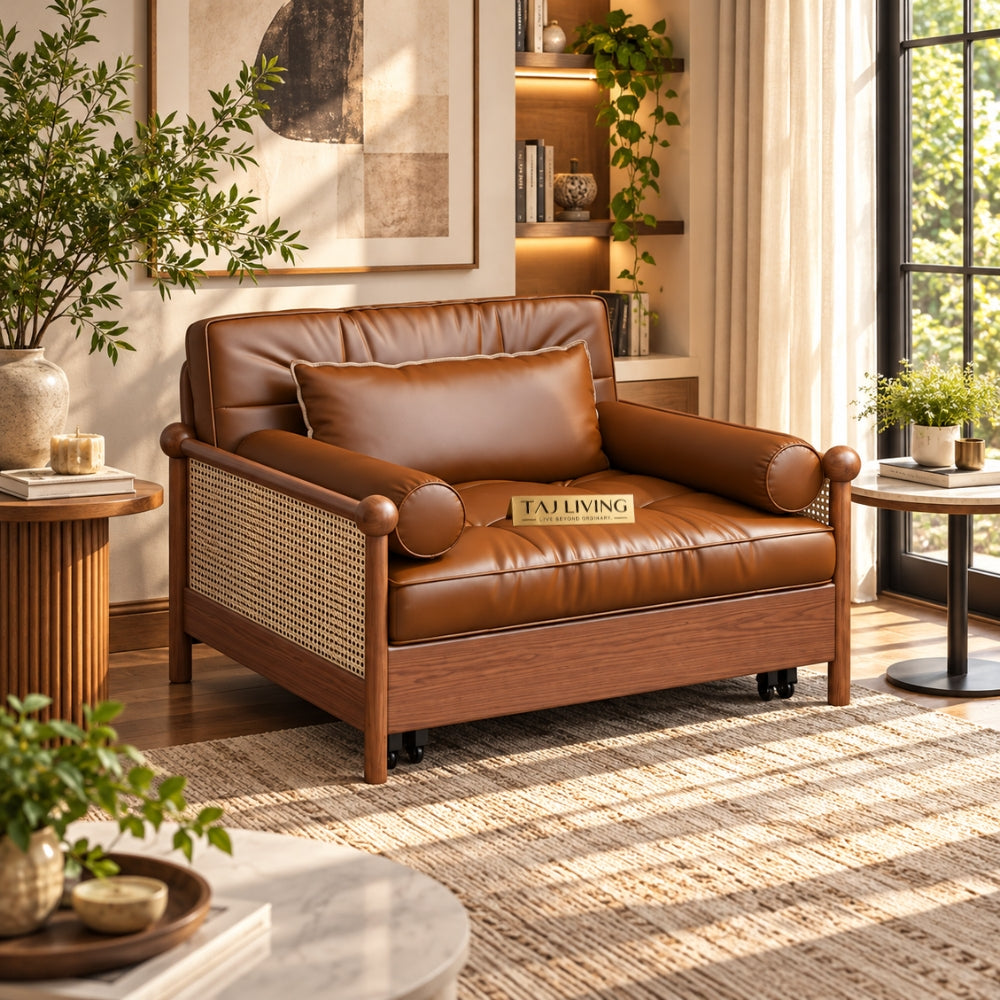 Rattan Weaving Armrests Leatherette Fabric Retro Sofa Bed with Underneath Storage