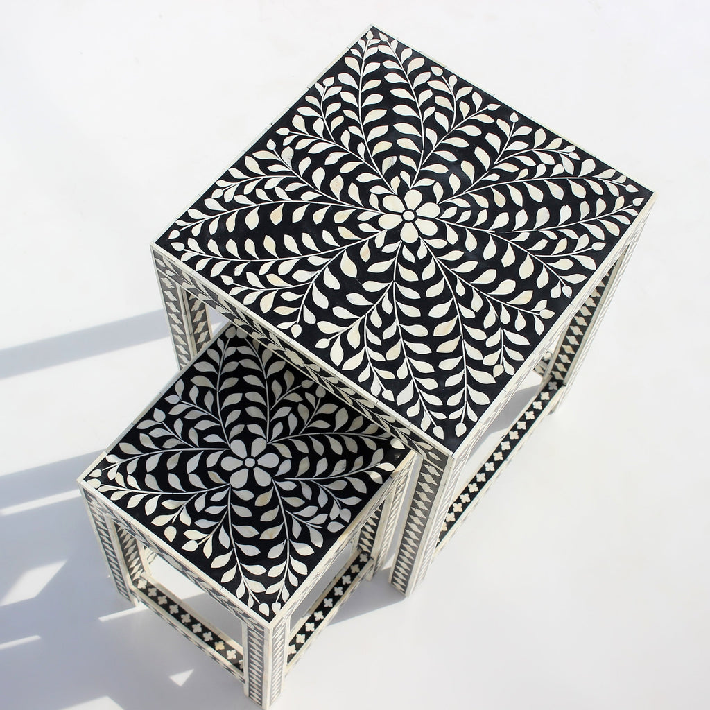 Naqshika Coffee Table – Black & Ivory Geometric Inlay Set of 2