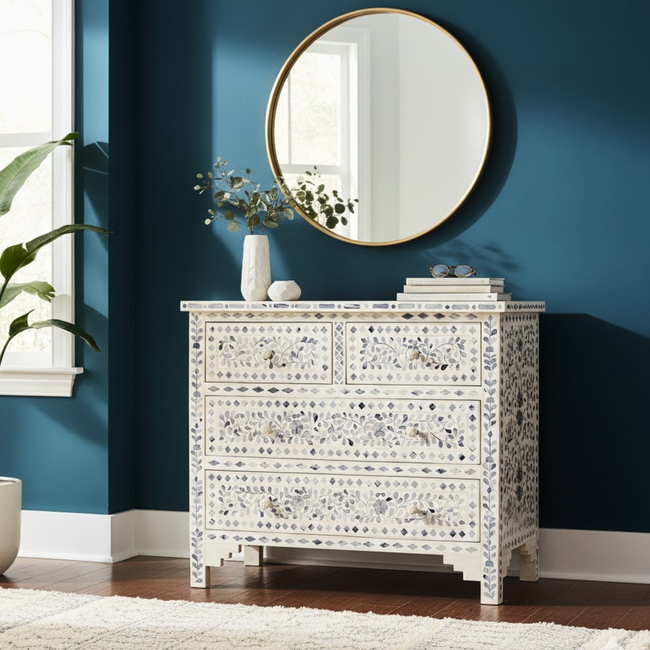 Bone Inlay Chest of 4 Drawers with Decorative Knoobs Hover Image